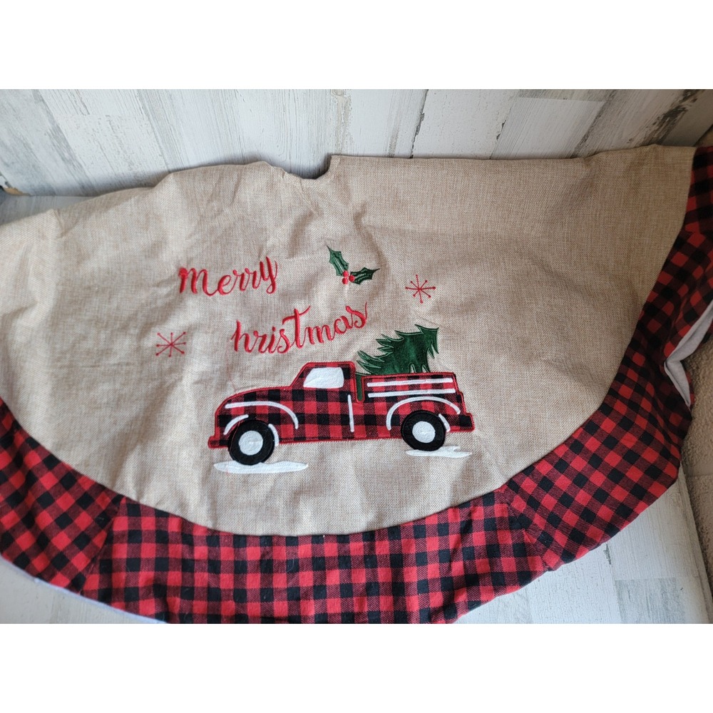 Burlap tree skirt country Merry Xmas AS IS tree skirt red pick up truck pine